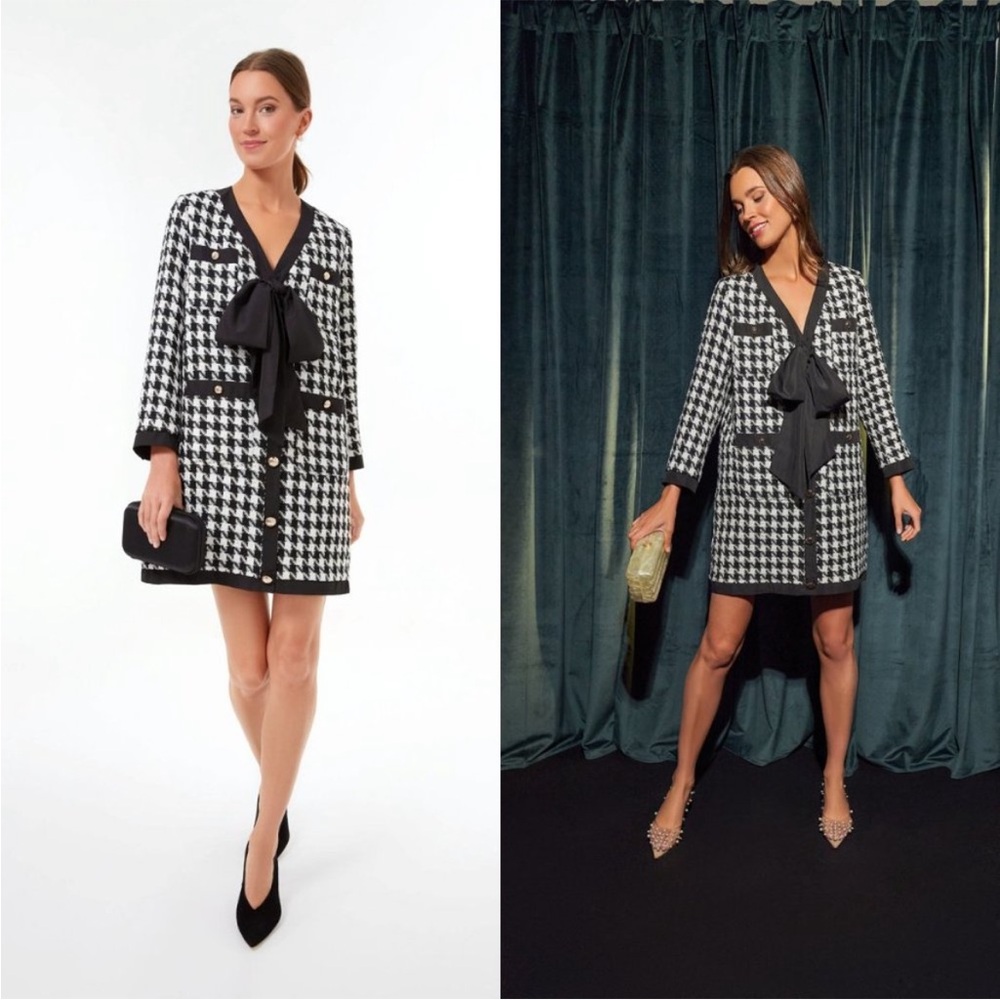 Tuckernuck Pomander Place Coco Tweed Houndstooth Bow Mini Dress Black White